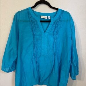 CHICOS SIZE 2 TURQUOISE LIGHTWEIGHT WOMENS SHIRT BLOUSE 3/4 SLEEVES V NECK